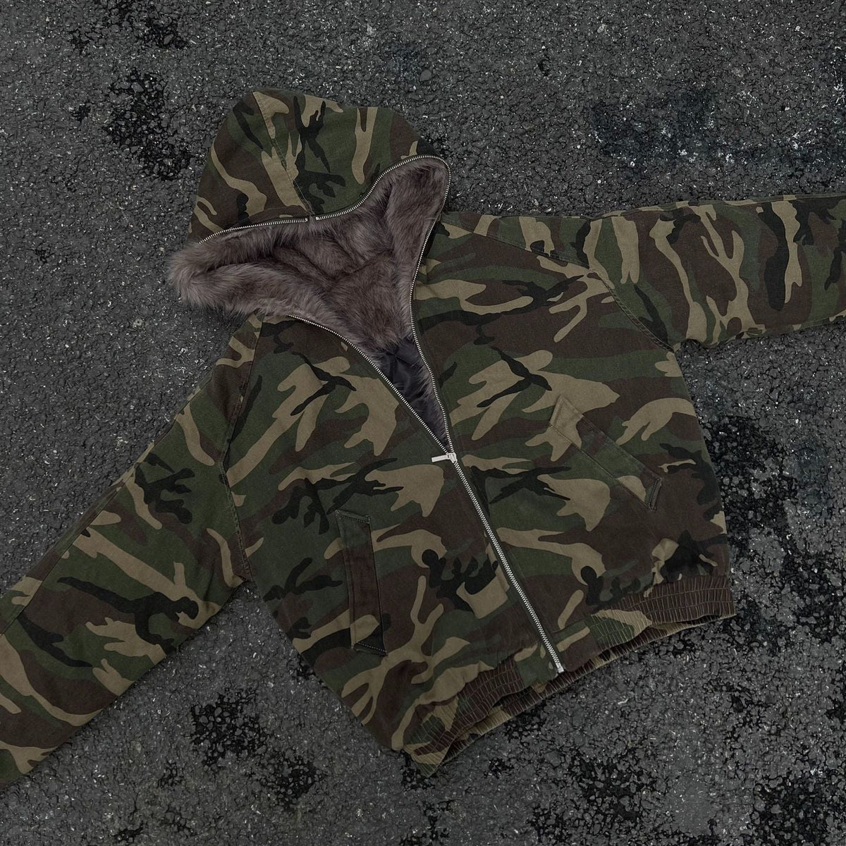 Camouflage Fake Fur Collar Hooded Puffer Jacket WN28044