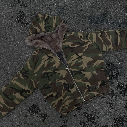 Camouflage Fake Fur Collar Hooded Puffer Jacket WN28044