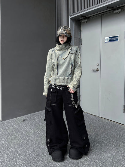 Washed Multi Pocket Wide Leg Cargo Pants WN24152