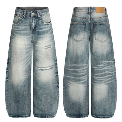 Washed Whisker Damage Curved Denim Jeans WN25863