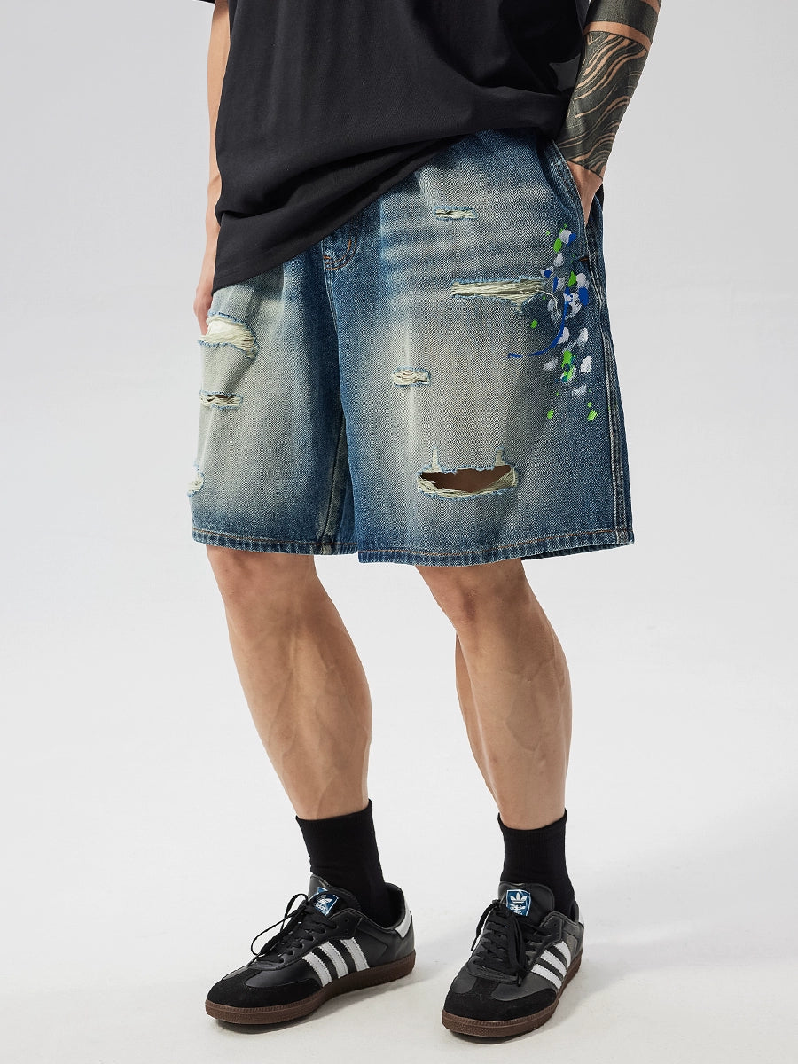 Raw Hem Damage Drawstring Washed Half Denim Jeans WN17484