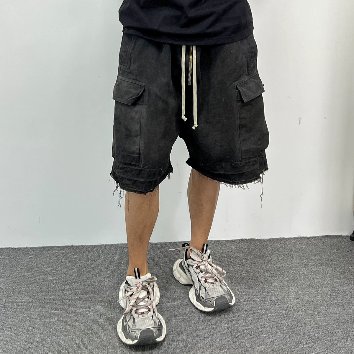 Drawstring Cargo Damage Denim Half Jeans WN25525