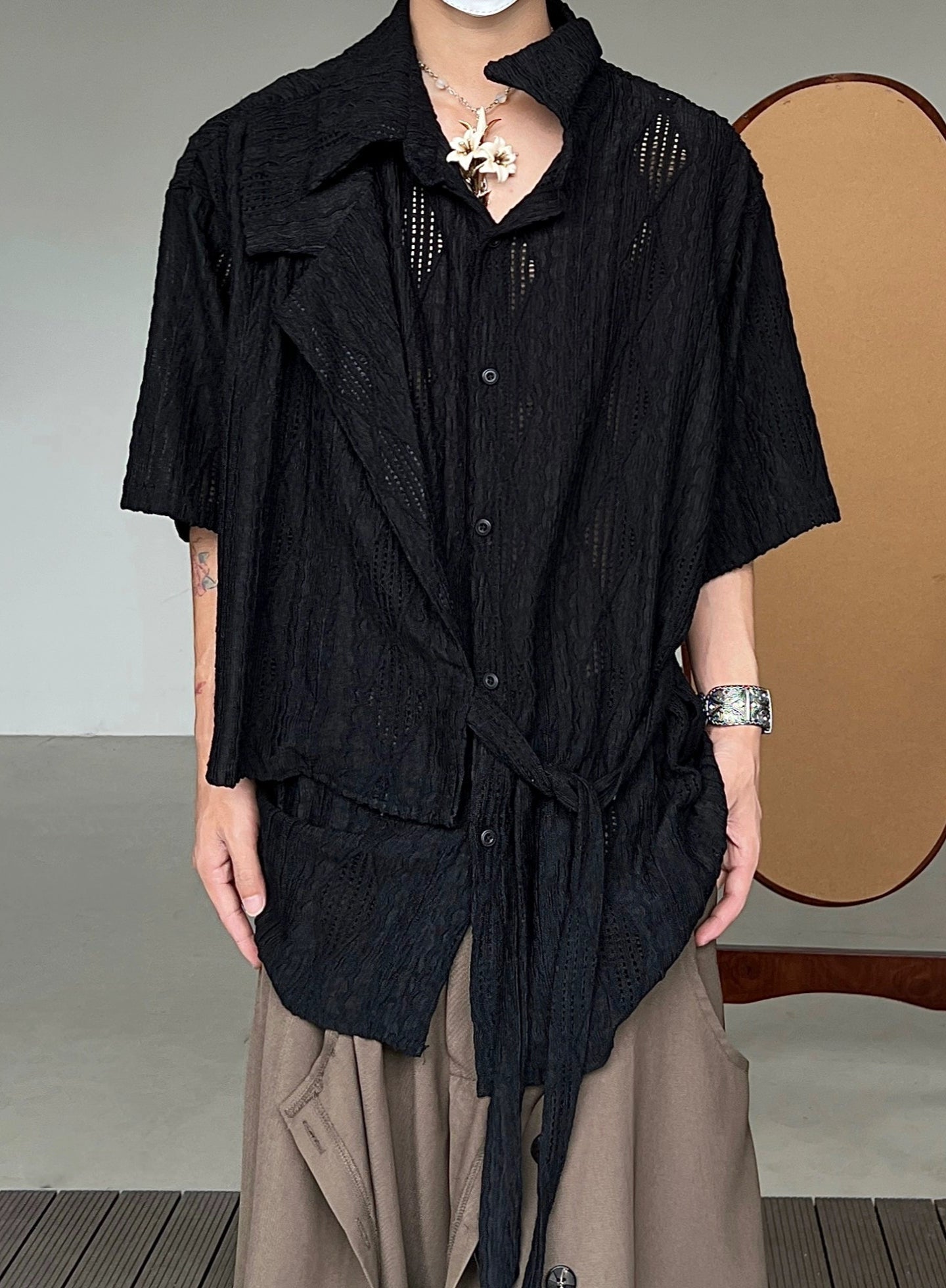 Jacquard Hollow Patchwork Texture Short Sleeve Shirt WN20008
