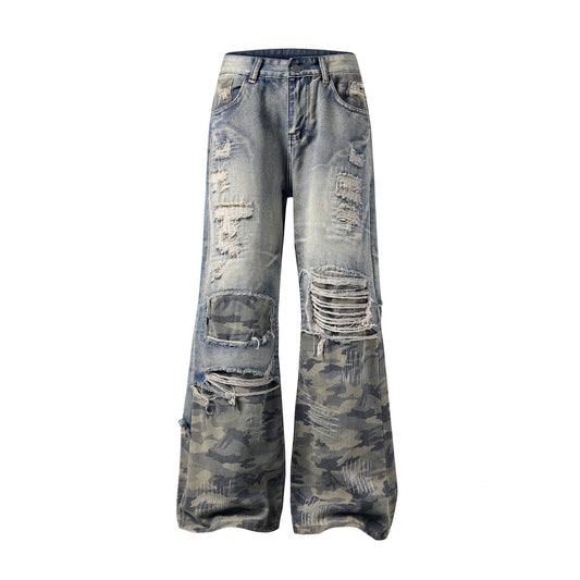 Camouflage Patchwork Damage Denim Jeans WN14445