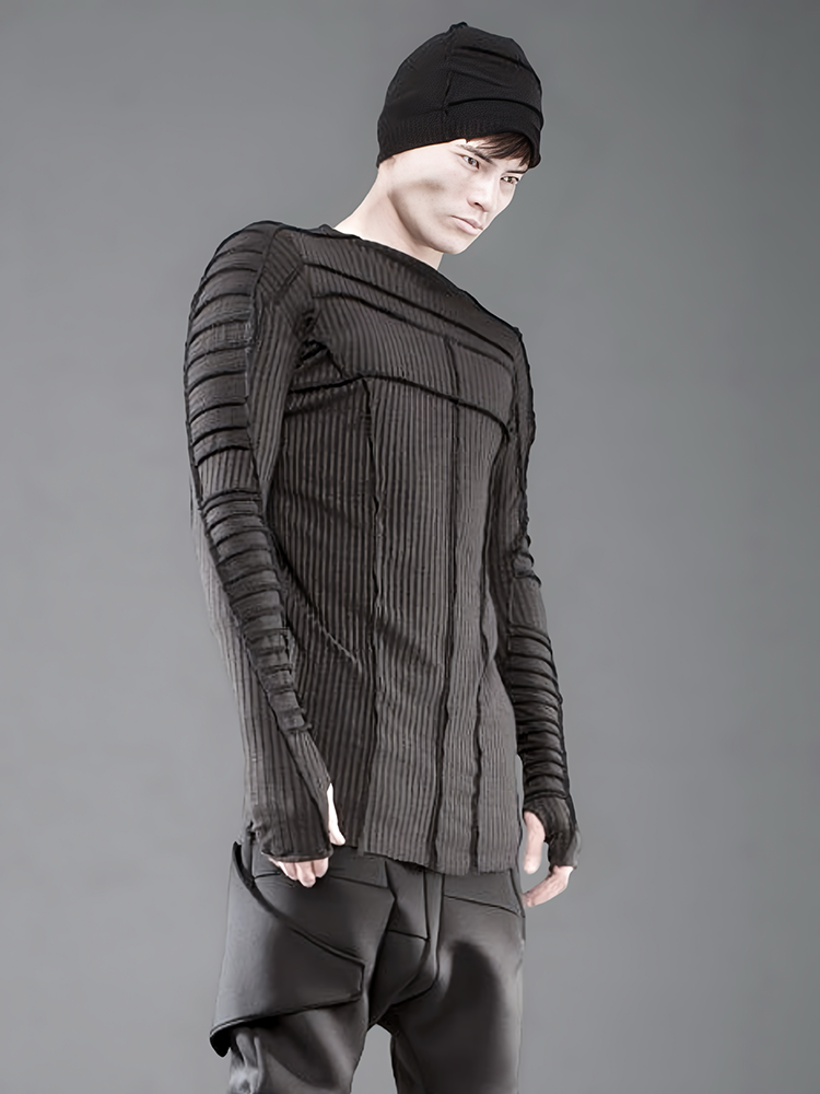 Asymmetric Pleats Deconstructed Slim Ribbed Long Sleeve T-Shirt WN21970
