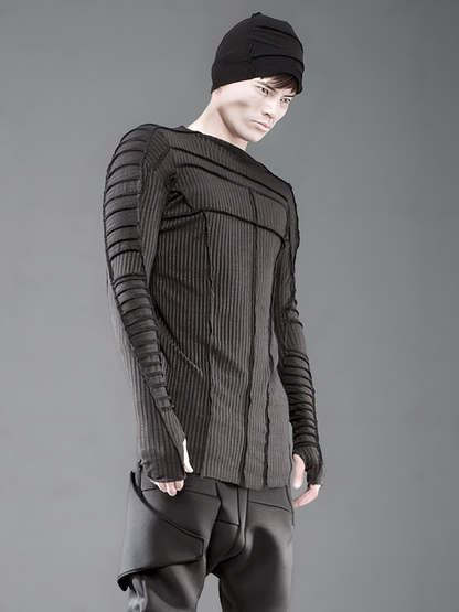 Asymmetric Pleats Deconstructed Slim Ribbed Long Sleeve T-Shirt WN21970