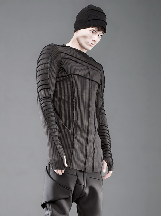 Asymmetric Pleats Deconstructed Slim Ribbed Long Sleeve T-Shirt WN21970