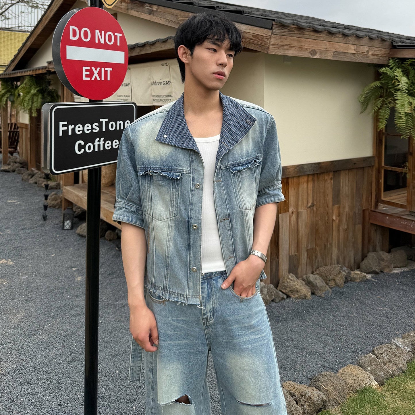 Washed Denim Short Sleeve Shirt & Damage Wide Leg Denim Jeans Setup WN24877
