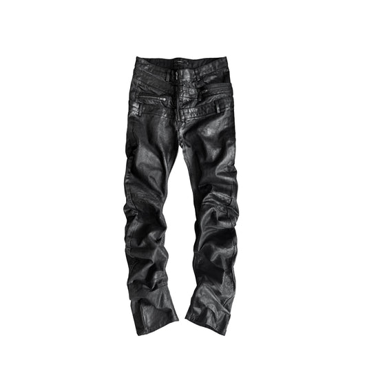 Triple-Waist Panel Hand-Paint PU Straight Denim Jeans WN27055