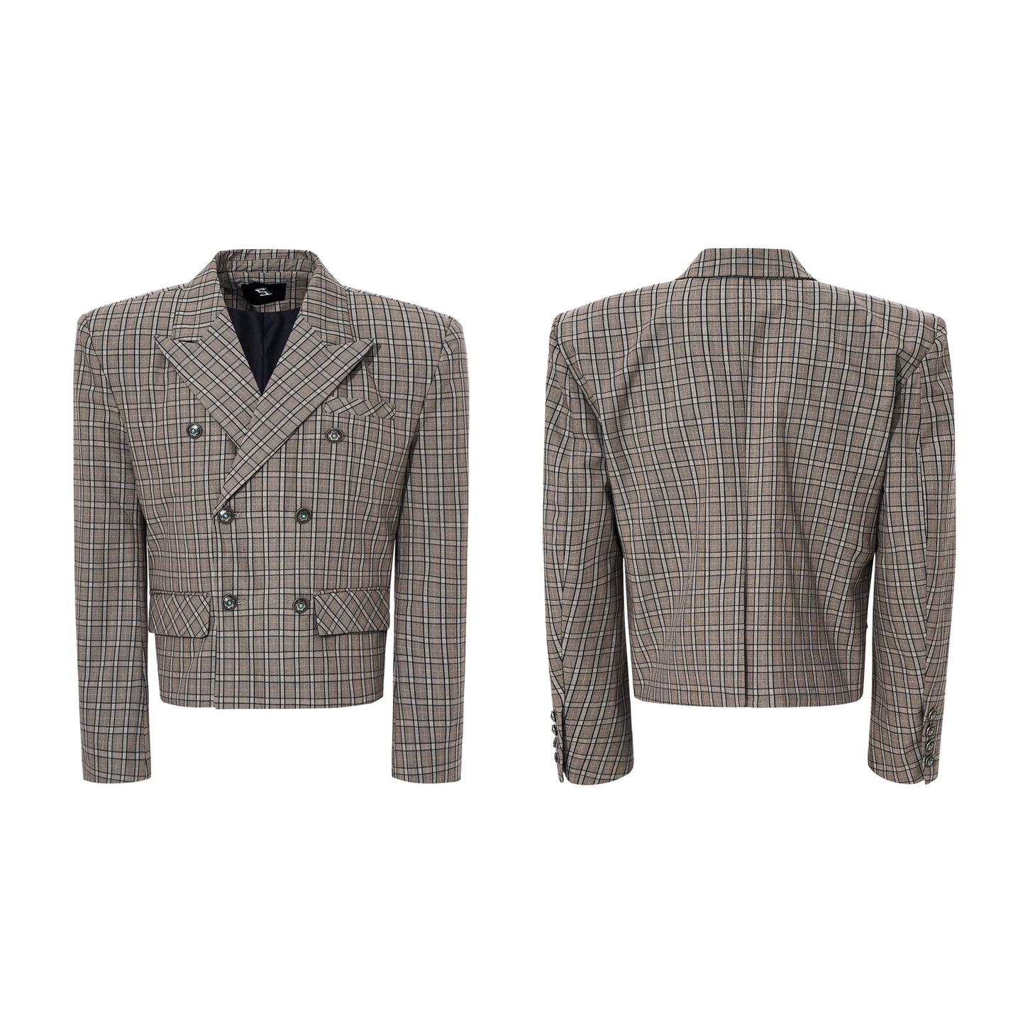 Plaid Double-Breasted Short Tailored Jacket & Trousers Setup WN23282
