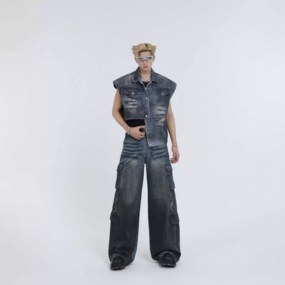 Asymmetrical Denim Vest & Wide Leg Cargo Denim Jeans Setup WN7332