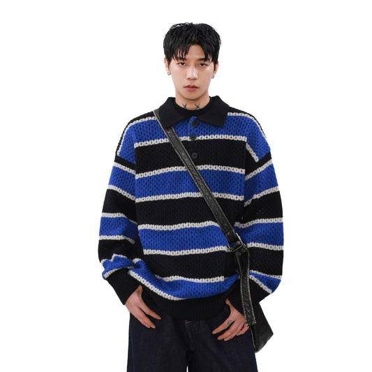 Oversize Stripe POLO Knit Sweater WN8307