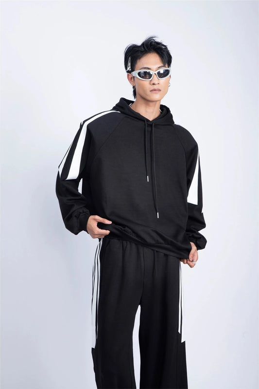 Contrast Pullover Hoodie & Wide-Leg Straight Sweatpants Setup WN9233