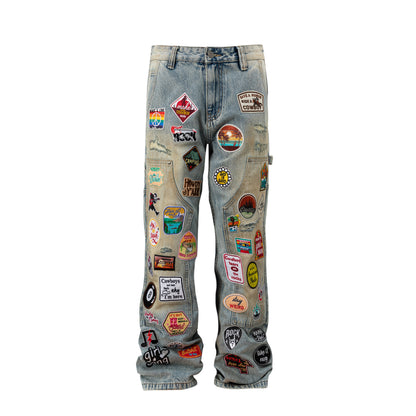 Multi Patch Applique Wide Leg Denim Jeans WN24052