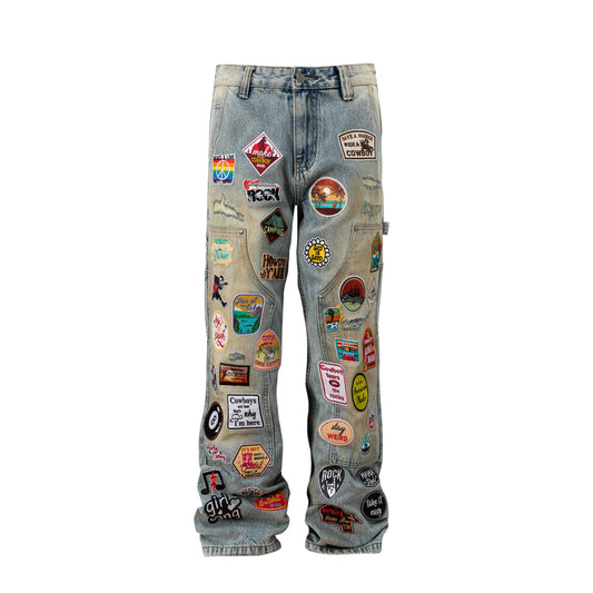 Multi Patch Applique Wide Leg Denim Jeans WN24052