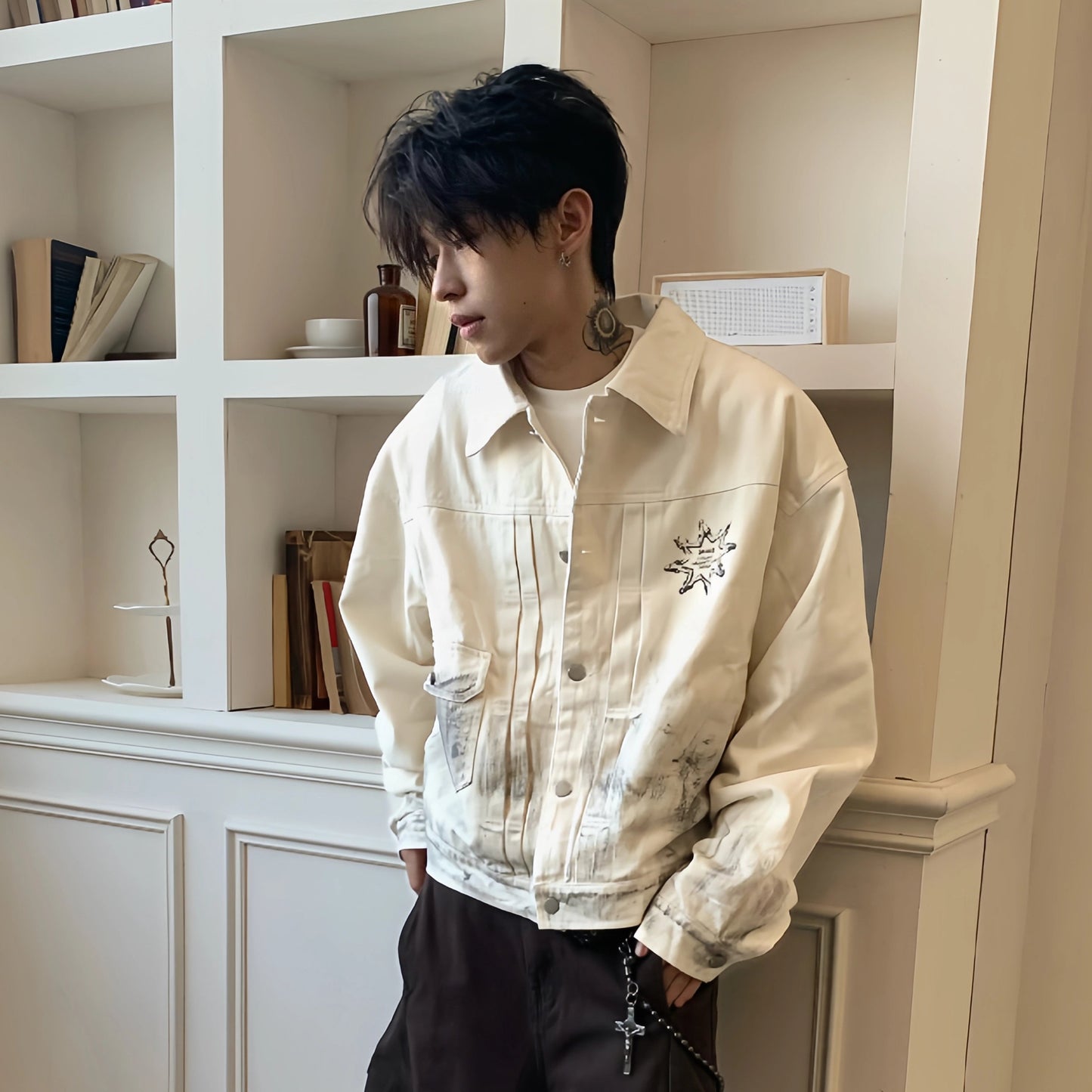 Washed Portrait Print Denim Short Jacket WN22240