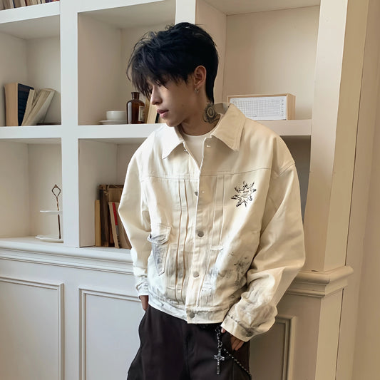 Washed Portrait Print Denim Short Jacket WN22240