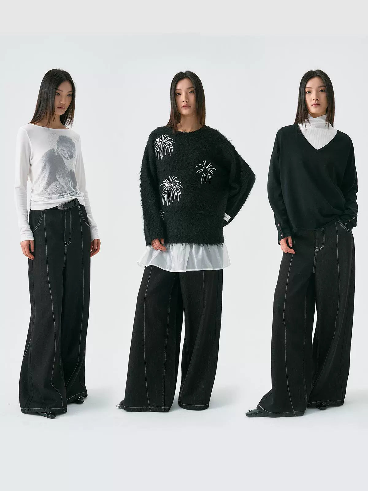 Black Wide Leg Cross Back Pocket Design Denim Jeans WN18963