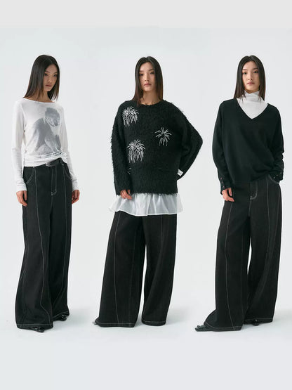 Black Wide Leg Cross Back Pocket Design Denim Jeans WN18963