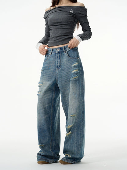 Damaged Wide Leg Denim Jeans WN7938