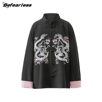 Frog-Button Color-Block Print Mandarin-Collar Oversize Long Sleeve Shirt WN26334