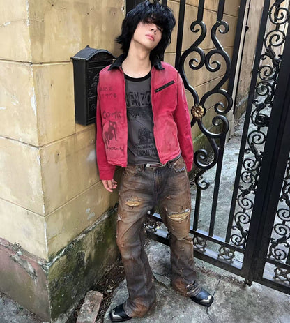 Dirty Stain Washed Damage Straight Denim Jeans WN19684