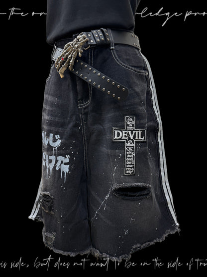 Paint Stripe Damage Denim Half Jeans & Skull Belt & Cross Belt & Belt Chain WN23784