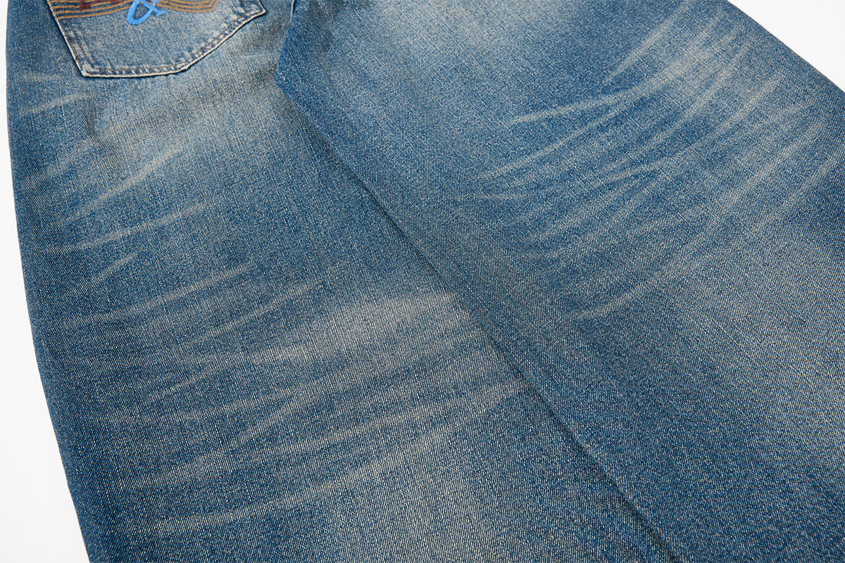 Embroidery Curved Wide Leg Denim Jeans WN25554