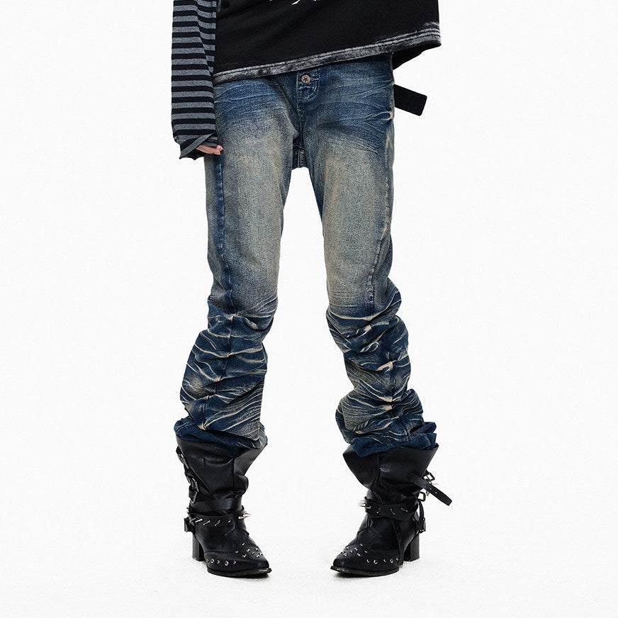 Whisker Washed Curved Seam Denim Jeans WN27311