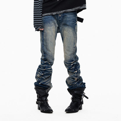 Whisker Washed Curved Seam Denim Jeans WN27311
