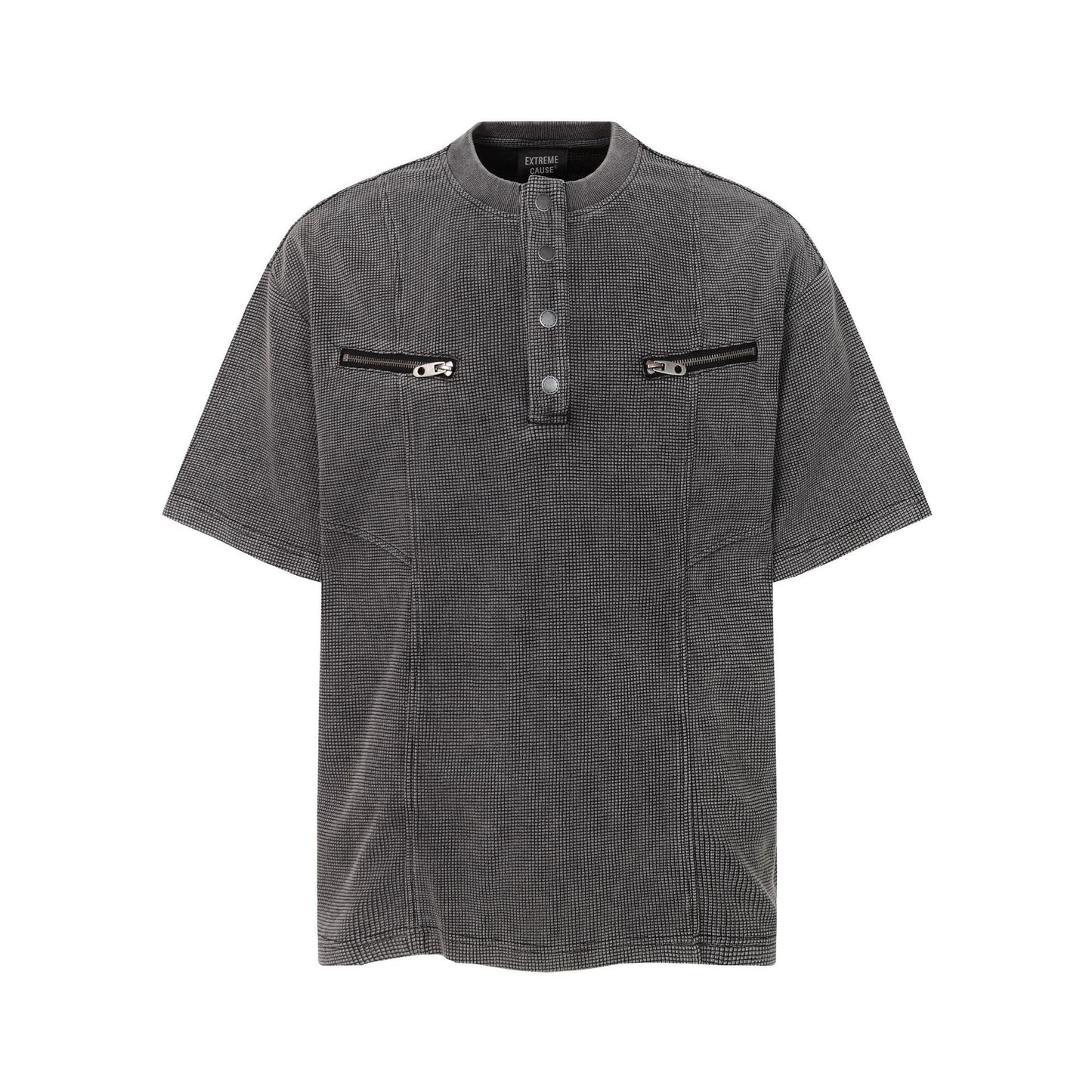 Half-Open Collar Check Wash Damage Short Sleeve T-Shirt WN25643