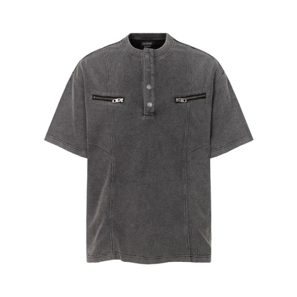 Half-Open Collar Check Wash Damage Short Sleeve T-Shirt WN25643