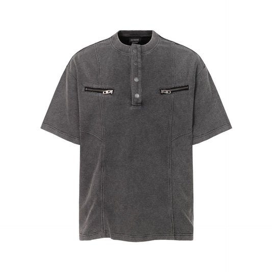Half-Open Collar Check Wash Damage Short Sleeve T-Shirt WN25643