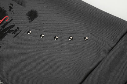 Graphic Print Studs Detail Cropped Zipper Hoodie WN28057