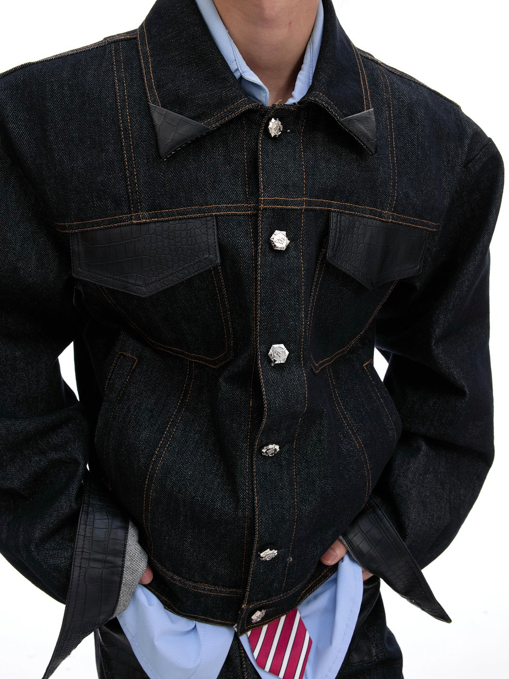 Crocodile Pattern PU Leather Mix Denim Jacket & PU Leather Mix Denim Jeans Setup WN20524