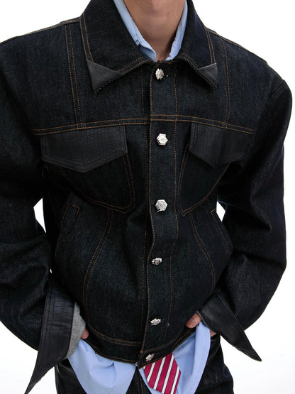 Crocodile Pattern PU Leather Mix Denim Jacket & PU Leather Mix Denim Jeans Setup WN20524