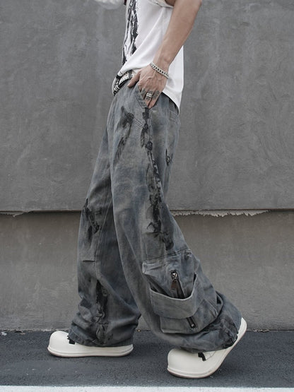Tie-Dye Multi-Pocket Wide Leg Denim Jeans WN27857
