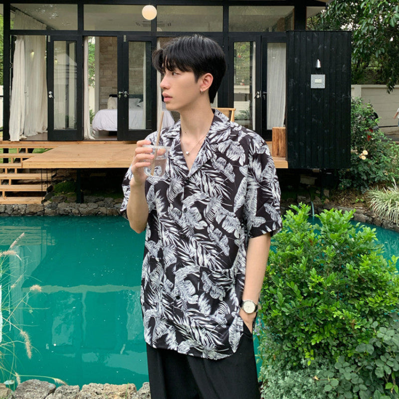 Leaf Print Open Collar Short Sleeve Shirt WN24882