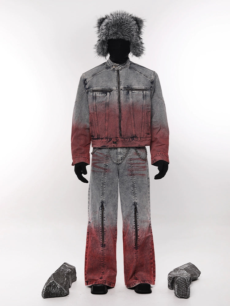 Gradient Design Denim Jacket & Zipper Design Denim Jeans Setup WN18608