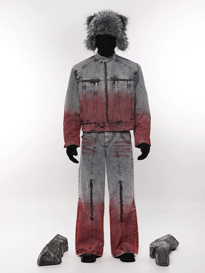 Gradient Design Denim Jacket & Zipper Design Denim Jeans Setup WN18608