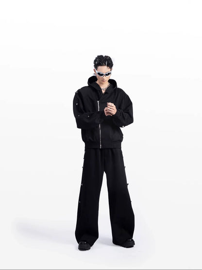 Metal Rivet Oversize Zipper Hoodie & Wide-Leg Pants Setup WN9221