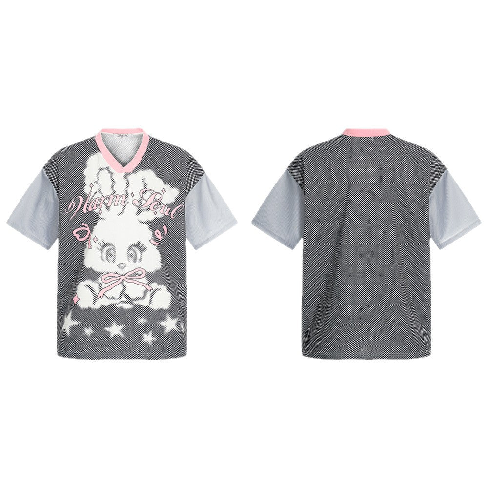 V-Neck Cartoon Rabbit Letter Print T-Shirt WN26602