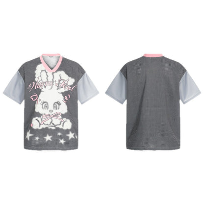 V-Neck Cartoon Rabbit Letter Print T-Shirt WN26602