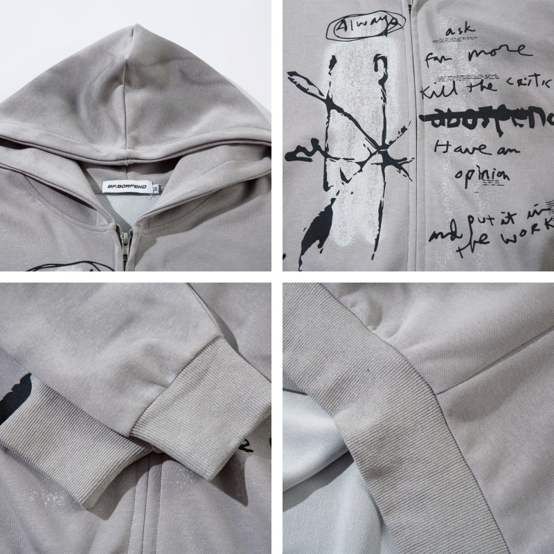 Washed Spray-Paint Design Oversize Zipper Hoodie WN11168