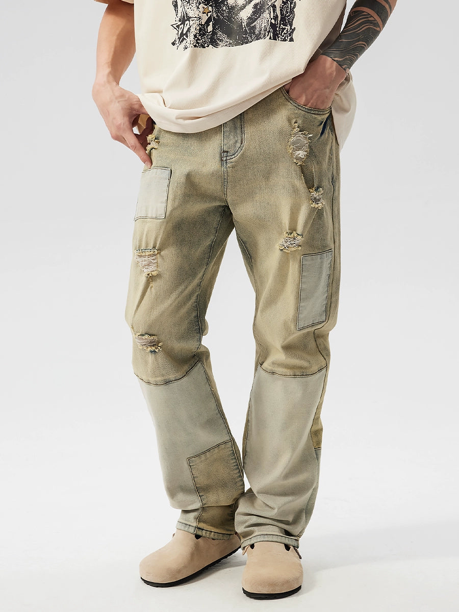 Patchwork Damage Straight Denim Jeans WN17483