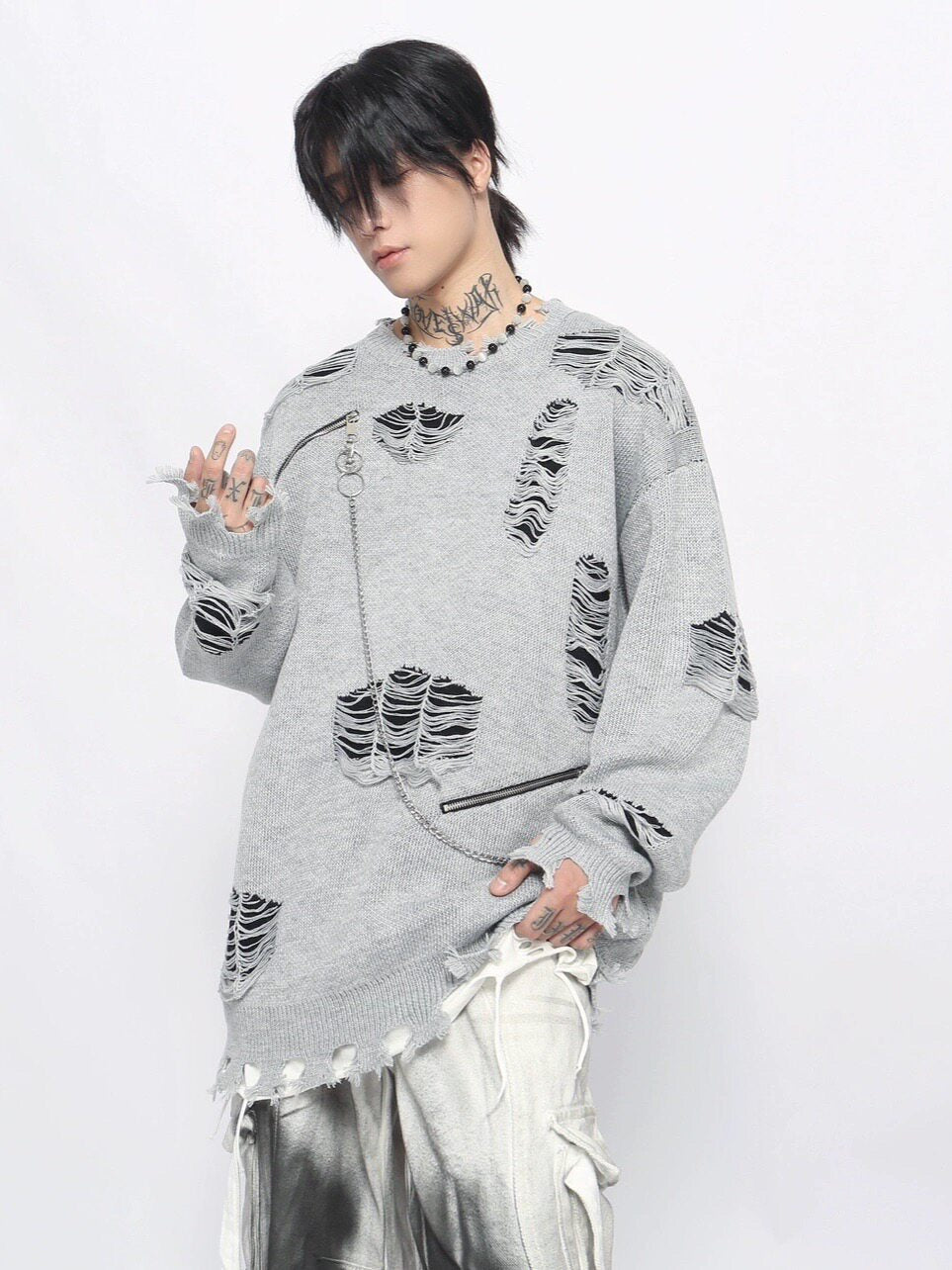 Damage Zipper Chain Detail Knit Sweater WN24497