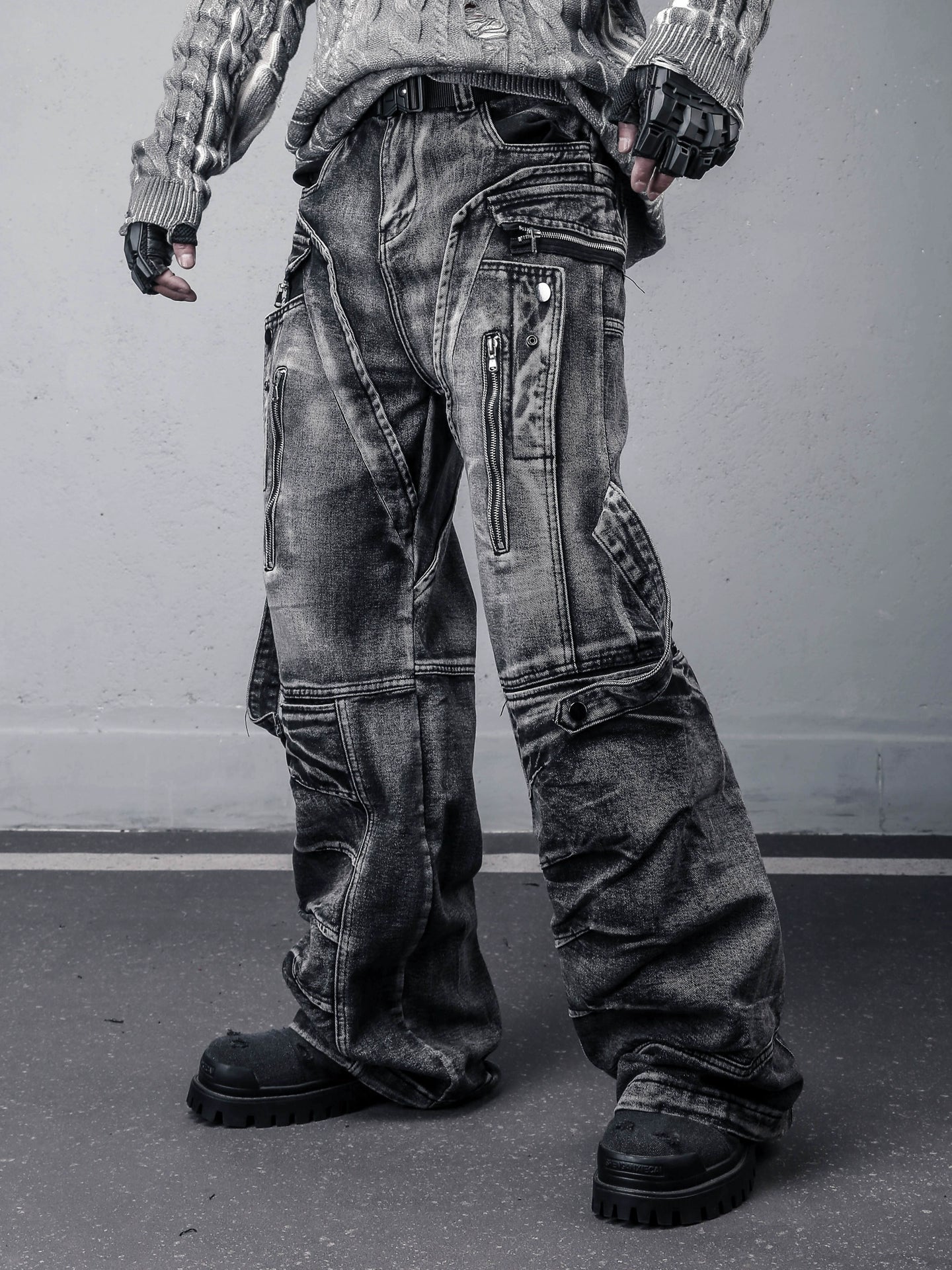 Wash Zipper Pocket Mix Patch Wide Leg Denim Jeans WN22396