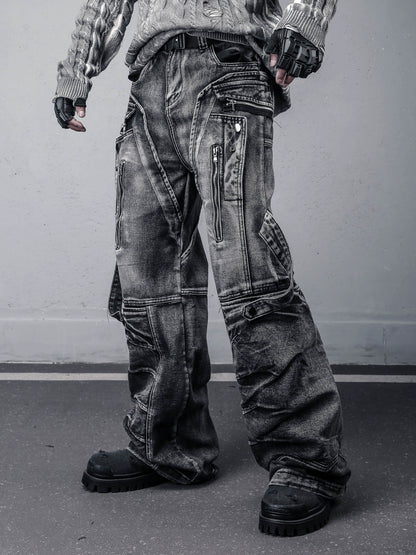 Wash Zipper Pocket Mix Patch Wide Leg Denim Jeans WN22396