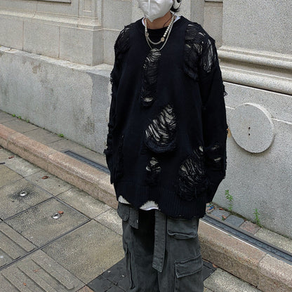 Hole Design Fake Layered Oversize Knit Sweater WN24385