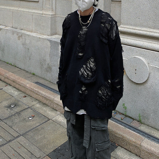 Hole Design Fake Layered Oversize Knit Sweater WN24385